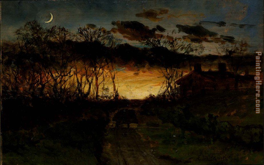 sunset with quarter moon and farmhouse painting - Edward Mitchell Bannister sunset with quarter moon and farmhouse art painting